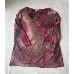 Fashion Bug Stretch XL Pink Brown Abstract Scoop Neck 3/4 Sleeve Blouse Women's